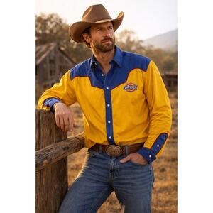 Dickies Men's Western Snap Shirt‎ Large Yellow Blue Rockabilly Pearl Snap